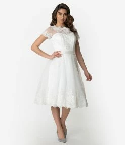 Unique Vintage White Lace Short Sleeve Cannes Bridal Dress