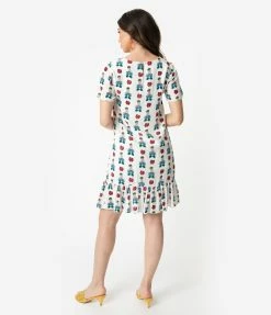 Compania Fantastica Sale Ivory Floral Queen Print Short Sleeve Peplum Mini Dress