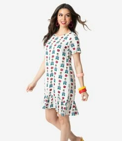 Compania Fantastica Sale Ivory Floral Queen Print Short Sleeve Peplum Mini Dress