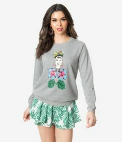 Compania Fantastica Grey Floral Queen Print Long Sleeve Sweatshirt Sale