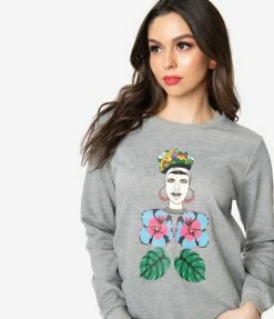 Compania Fantastica Grey Floral Queen Print Long Sleeve Sweatshirt Sale