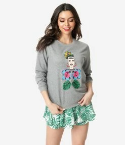 Compania Fantastica Grey Floral Queen Print Long Sleeve Sweatshirt Sale