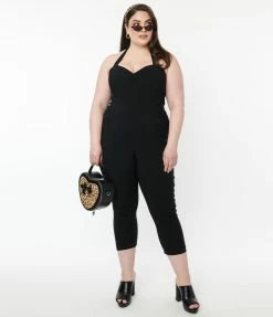 Clothing Unique Vintage Plus Size 1950s Black Halter Marcel Jumpsuit