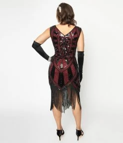 Sale Unique Vintage 1920s Burgundy & Black Beaded Fringe Magdeleine Flapper Dress