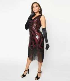 Sale Unique Vintage 1920s Burgundy & Black Beaded Fringe Magdeleine Flapper Dress