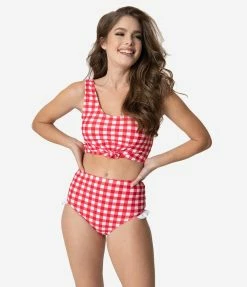 Coral Reef Swim Retro Style Red & White Gingham Ruffle Swim Bottom Swimwear