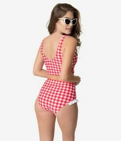Coral Reef Swim Retro Style Red & White Gingham Ruffle Swim Bottom Swimwear