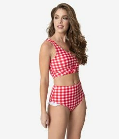 Coral Reef Swim Retro Style Red & White Gingham Ruffle Swim Bottom Swimwear
