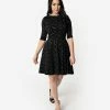Sale Unique Vintage Black & Grey Bats Print Stephanie Fit & Flare Dress