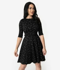 Sale Unique Vintage Black & Grey Bats Print Stephanie Fit & Flare Dress