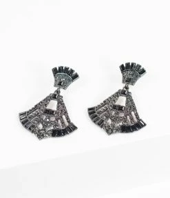 Western Fashion Deco Style Black Rhinestone Drop Fan Earrings