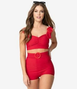 Attempt Inc. (Pinky Pinups) Swimwear Retro Style Red Rounded Buckle Pin-Up Swim Top