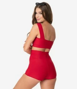 Attempt Inc. (Pinky Pinups) Swimwear Retro Style Red Rounded Buckle Pin-Up Swim Top