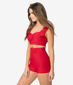 Attempt Inc. (Pinky Pinups) Swimwear Retro Style Red Rounded Buckle Pin-Up Swim Top