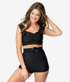 Attempt Inc. (Pinky Pinups) Swimwear Retro Style Black Rounded Buckle Pin-Up Swim Top