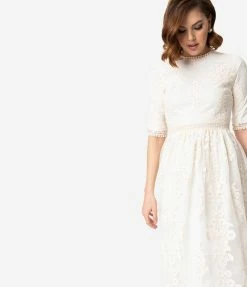 Pink Ripple Vintage Style Antique Ivory Embroidered Lace Modest Midi Dress