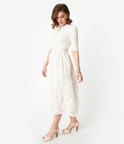 Pink Ripple Vintage Style Antique Ivory Embroidered Lace Modest Midi Dress