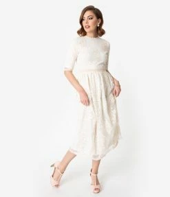 Pink Ripple Vintage Style Antique Ivory Embroidered Lace Modest Midi Dress