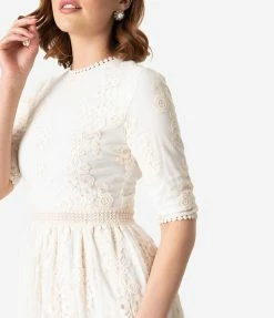 Pink Ripple Vintage Style Antique Ivory Embroidered Lace Modest Midi Dress