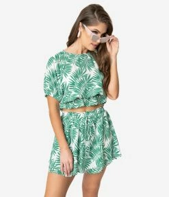 Allie Rose By Ember Retro Style Green & White Palm Print Tropical Skort