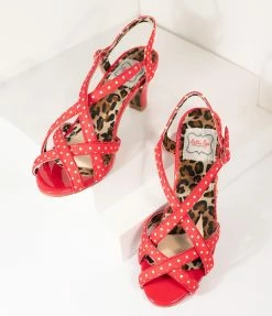Ellie Shoes Bettie Page Retro Red & White Polka Dot Peep Toe Gracie Heels