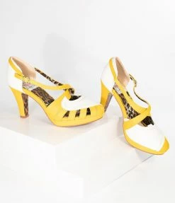 Ellie Shoes Bettie Page Yellow & White Leatherette Criss Cross Angie Heels
