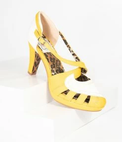 Ellie Shoes Bettie Page Yellow & White Leatherette Criss Cross Angie Heels