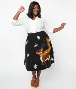 Unique Vintage Plus Size Red Nose Reindeer Soda Shop Swing Skirt
