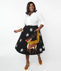 Unique Vintage Plus Size Red Nose Reindeer Soda Shop Swing Skirt