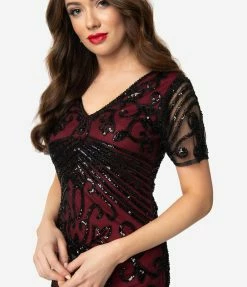 Unique Vintage 1920s Burgundy Red & Black Beaded Sleeved Troyes Cocktail Flapper Dress
