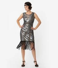 Sale Unique Vintage 1920s Beige & Silver Sequin Black Fringe Annecy Flapper Dress