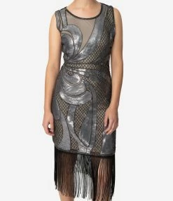 Sale Unique Vintage 1920s Beige & Silver Sequin Black Fringe Annecy Flapper Dress