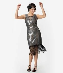 Sale Unique Vintage 1920s Beige & Silver Sequin Black Fringe Annecy Flapper Dress