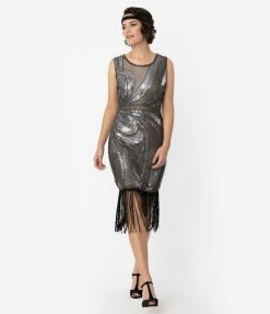 Sale Unique Vintage 1920s Beige & Silver Sequin Black Fringe Annecy Flapper Dress