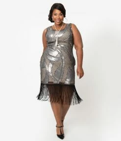 Unique Vintage Plus Size 1920s Beige & Silver Sequin Black Fringe Annecy Flapper Dress Flapper Dresses