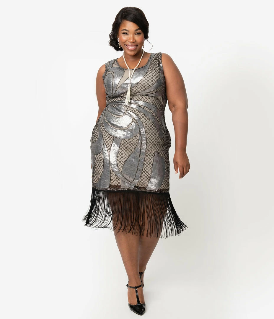 Unique Vintage Plus Size 1920s Beige & Silver Sequin Black Fringe Annecy Flapper Dress Flapper Dresses