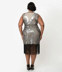 Unique Vintage Plus Size 1920s Beige & Silver Sequin Black Fringe Annecy Flapper Dress Flapper Dresses