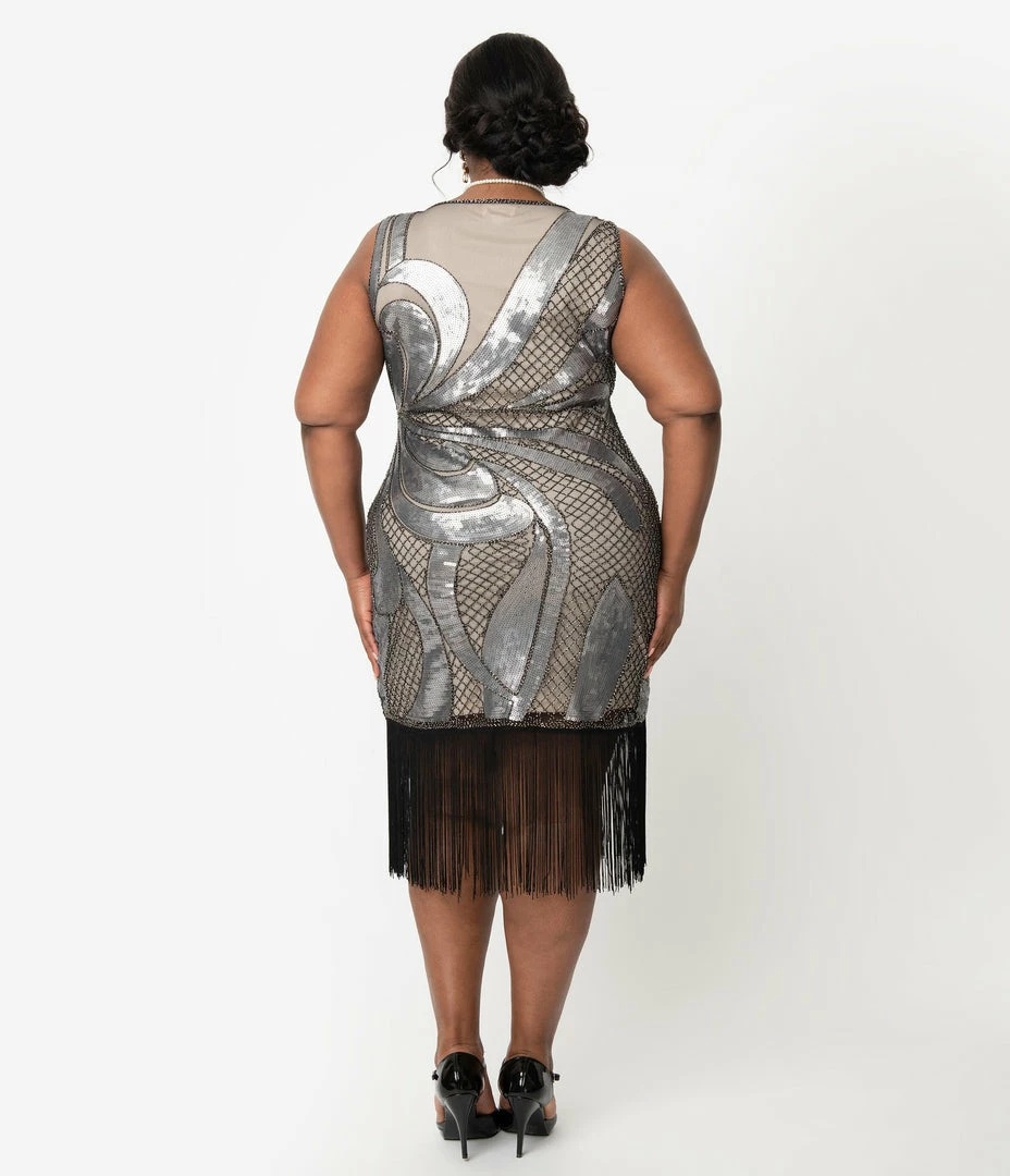 Unique Vintage Plus Size 1920s Beige & Silver Sequin Black Fringe Annecy Flapper Dress Flapper Dresses
