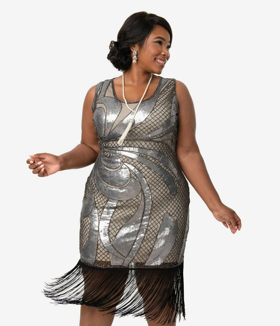 Unique Vintage Plus Size 1920s Beige & Silver Sequin Black Fringe Annecy Flapper Dress Flapper Dresses