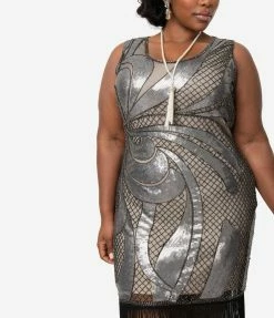 Unique Vintage Plus Size 1920s Beige & Silver Sequin Black Fringe Annecy Flapper Dress Flapper Dresses