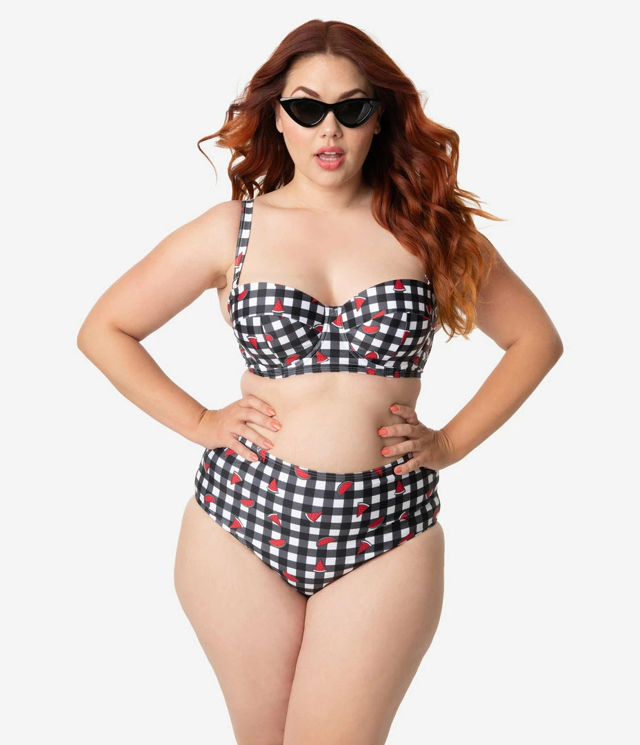 Swimwear Collectif X Playful Promises Black & White Gingham Watermelon Print Swim Bottoms