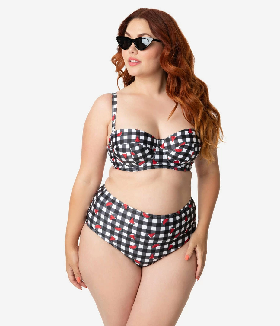 Swimwear Collectif X Playful Promises Black & White Gingham Watermelon Print Swim Bottoms