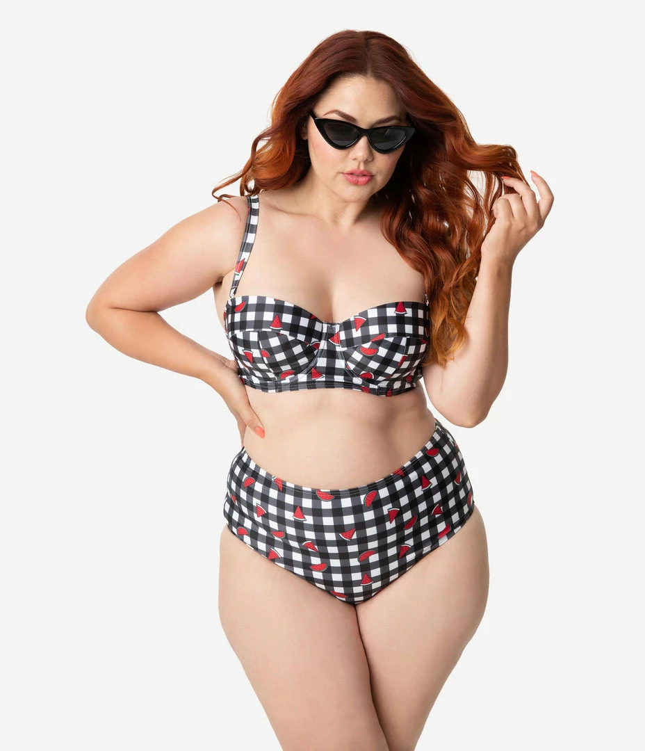 Swimwear Collectif X Playful Promises Black & White Gingham Watermelon Print Swim Bottoms