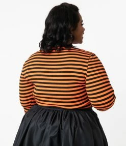 Unique Vintage Plus Size 1950s Black & Orange Stripe Gracie Top Sale