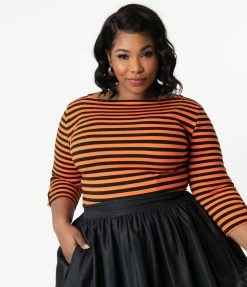 Unique Vintage Plus Size 1950s Black & Orange Stripe Gracie Top Sale