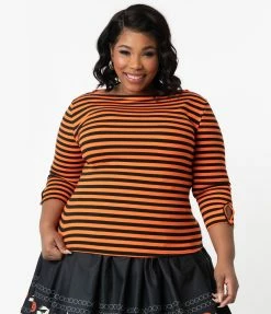 Unique Vintage Plus Size 1950s Black & Orange Stripe Gracie Top Sale
