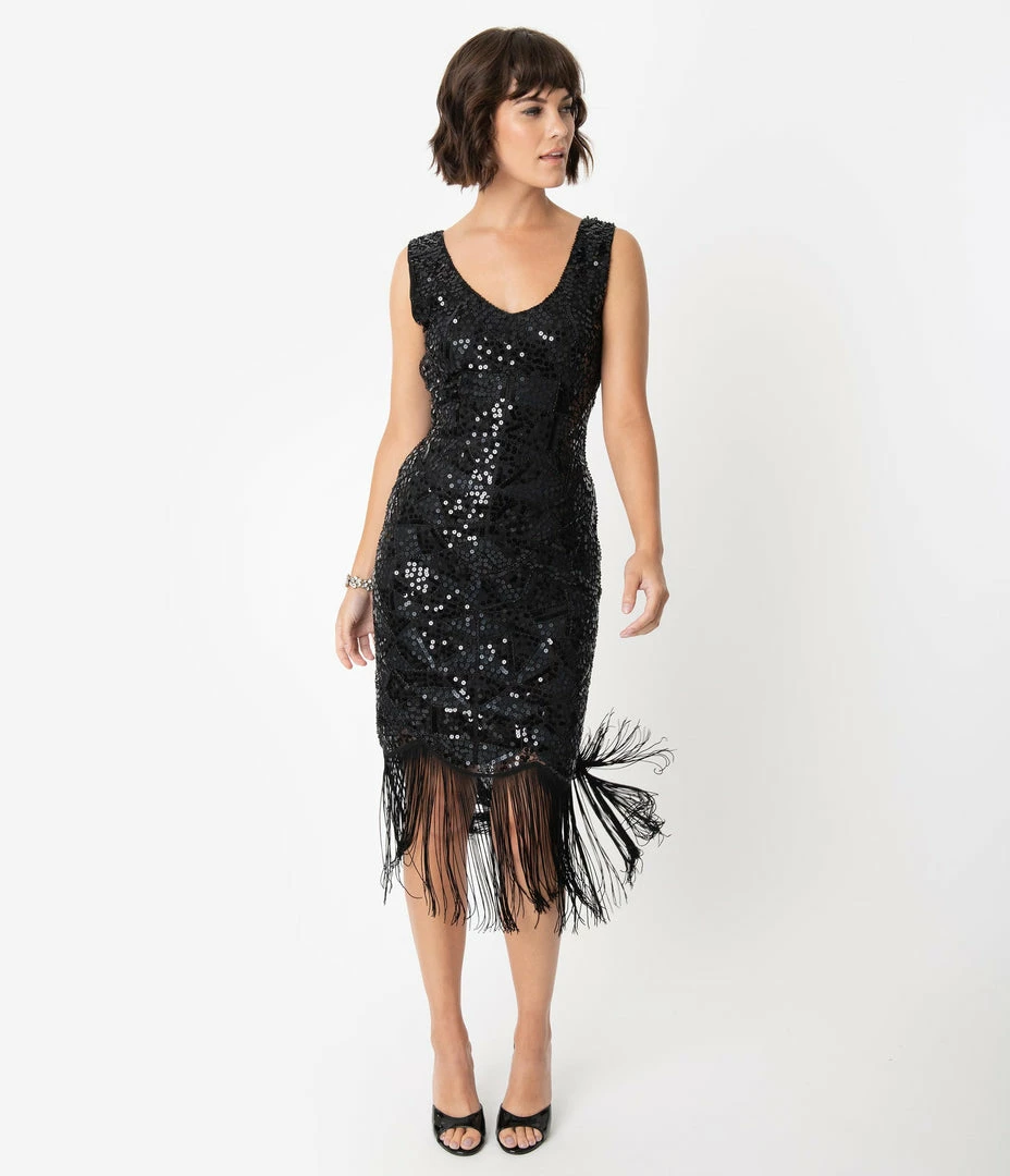 Clothing Unique Vintage 1920s Style Black Beaded & Sequin Adalene Cocktail Flapper Dress