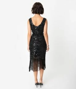 Clothing Unique Vintage 1920s Style Black Beaded & Sequin Adalene Cocktail Flapper Dress