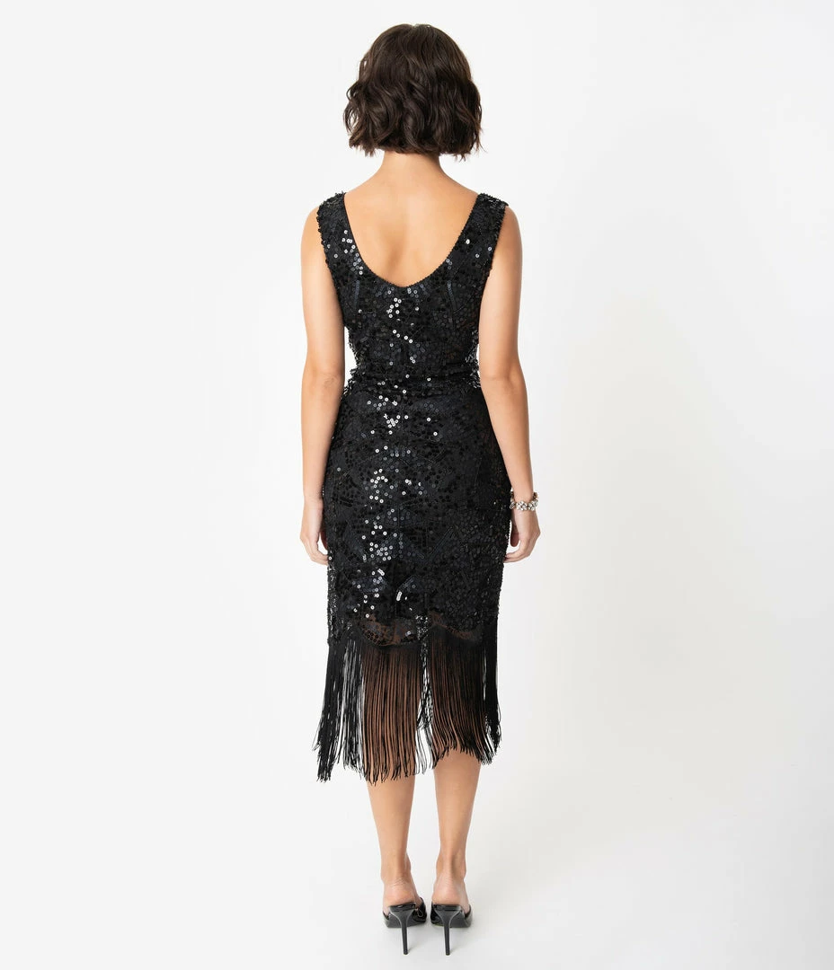 Clothing Unique Vintage 1920s Style Black Beaded & Sequin Adalene Cocktail Flapper Dress