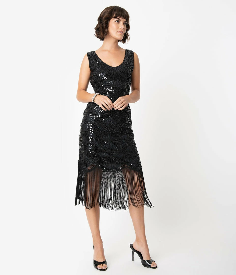Clothing Unique Vintage 1920s Style Black Beaded & Sequin Adalene Cocktail Flapper Dress